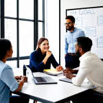 A small team of diverse event planners, fully clothed in professional business casual attire, collaboratively brainstorming in a brightly lit modern office. They are gathered around a large table with laptops, notebooks, and a whiteboard displaying diagrams of event goals and activity ideas. The atmosphere is energetic and focused, with natural poses and correct proportions. The scene conveys a sense of innovative planning for an inclusive, family-friendly event. Perfect anatomy, well-formed hands, natural body proportions, professional photography, high quality, safe for work, appropriate content, modest clothing.