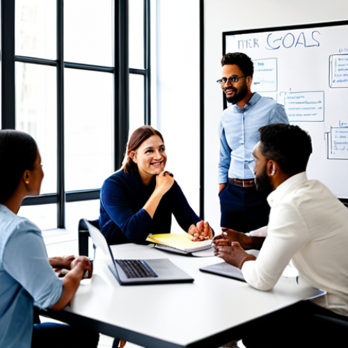 A small team of diverse event planners, fully clothed in professional business casual attire, collaboratively brainstorming in a brightly lit modern office. They are gathered around a large table with laptops, notebooks, and a whiteboard displaying diagrams of event goals and activity ideas. The atmosphere is energetic and focused, with natural poses and correct proportions. The scene conveys a sense of innovative planning for an inclusive, family-friendly event. Perfect anatomy, well-formed hands, natural body proportions, professional photography, high quality, safe for work, appropriate content, modest clothing.