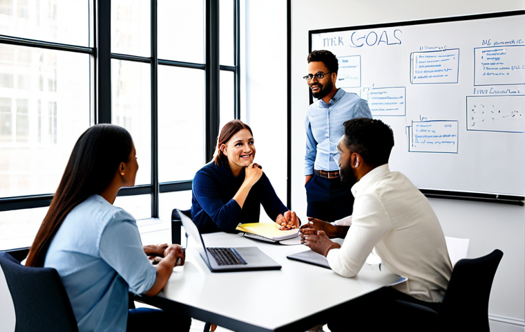 A small team of diverse event planners, fully clothed in professional business casual attire, collaboratively brainstorming in a brightly lit modern office. They are gathered around a large table with laptops, notebooks, and a whiteboard displaying diagrams of event goals and activity ideas. The atmosphere is energetic and focused, with natural poses and correct proportions. The scene conveys a sense of innovative planning for an inclusive, family-friendly event. Perfect anatomy, well-formed hands, natural body proportions, professional photography, high quality, safe for work, appropriate content, modest clothing.