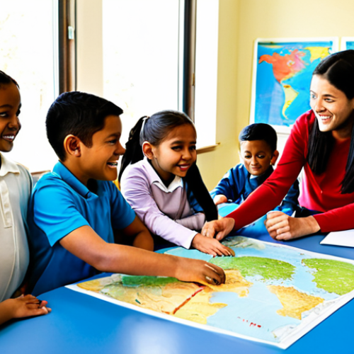 A diverse group of elementary school children, fully clothed in modest, appropriate attire, are joyfully engaged in a multicultural learning activity around a large table in a sunlit classroom. They are surrounded by colorful maps, globes, and culturally diverse educational materials, pointing and discussing with curious expressions. The scene emphasizes collaboration and discovery. The classroom is modern and well-organized, safe for work, appropriate content, fully clothed, family-friendly, perfect anatomy, correct proportions, natural pose, well-formed hands, proper finger count, natural body proportions, professional photography, high quality.