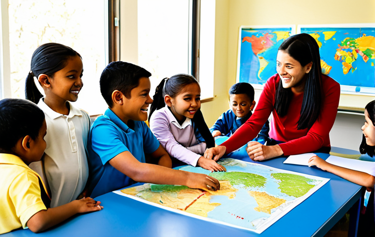 A diverse group of elementary school children, fully clothed in modest, appropriate attire, are joyfully engaged in a multicultural learning activity around a large table in a sunlit classroom. They are surrounded by colorful maps, globes, and culturally diverse educational materials, pointing and discussing with curious expressions. The scene emphasizes collaboration and discovery. The classroom is modern and well-organized, safe for work, appropriate content, fully clothed, family-friendly, perfect anatomy, correct proportions, natural pose, well-formed hands, proper finger count, natural body proportions, professional photography, high quality.