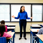A diverse group of middle school students and one female teacher are seated in a welcoming circle in a brightly lit, modern classroom. Students are actively engaged in a discussion, with some raising hands to speak, others listening attentively. The female teacher, wearing a modest professional blouse and trousers, facilitates the conversation with a warm and encouraging expression. The classroom walls feature age-appropriate educational posters. The scene emphasizes collaboration, student empowerment, and active listening. fully clothed, modest clothing, appropriate attire, appropriate content, safe for work, family-friendly, perfect anatomy, correct proportions, natural pose, well-formed hands, proper finger count, natural body proportions, professional photography, high quality.