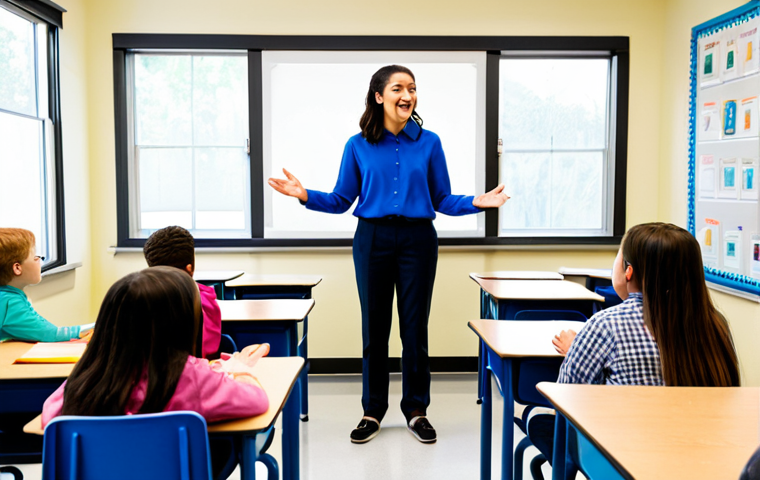 A diverse group of middle school students and one female teacher are seated in a welcoming circle in a brightly lit, modern classroom. Students are actively engaged in a discussion, with some raising hands to speak, others listening attentively. The female teacher, wearing a modest professional blouse and trousers, facilitates the conversation with a warm and encouraging expression. The classroom walls feature age-appropriate educational posters. The scene emphasizes collaboration, student empowerment, and active listening. fully clothed, modest clothing, appropriate attire, appropriate content, safe for work, family-friendly, perfect anatomy, correct proportions, natural pose, well-formed hands, proper finger count, natural body proportions, professional photography, high quality.