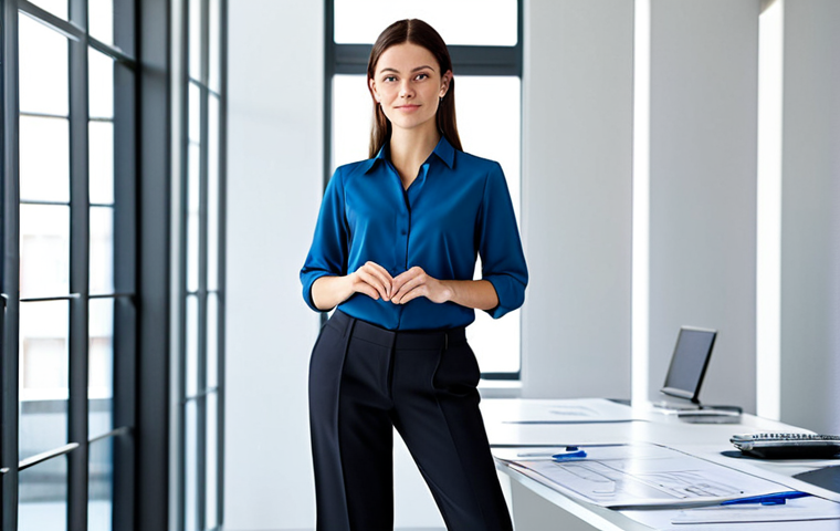 **
"A skilled architect, female, in a professional, fully clothed outfit consisting of a modest blouse and smart trousers, stands confidently in a bright, modern architectural office, surrounded by blueprints and design models. Safe for work, appropriate content, perfect anatomy, natural pose, well-formed hands, proper finger count, natural body proportions, professional environment, soft, natural lighting."
**