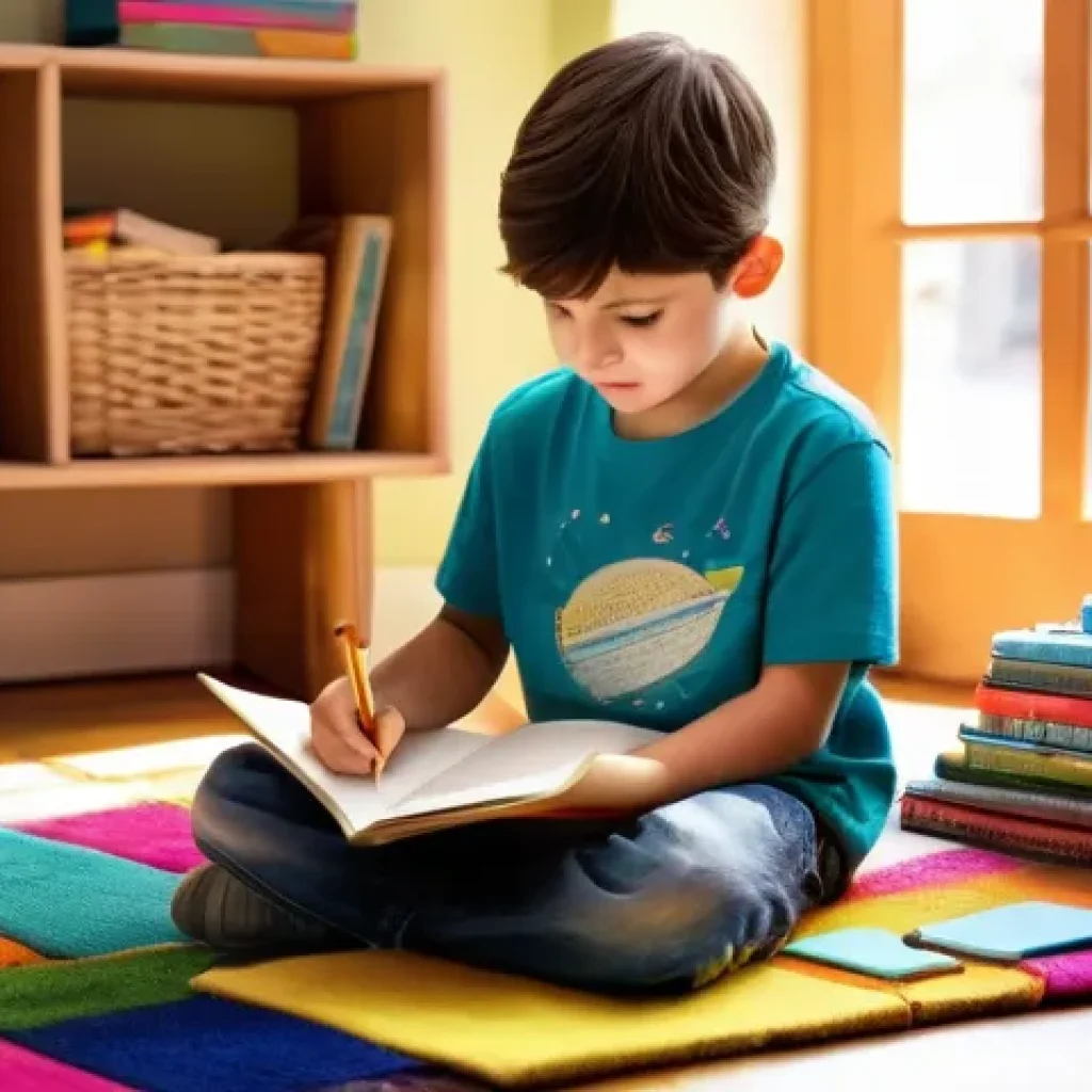 초등학생 논술 지도 - **Prompt 1: The Young Storyteller's Corner**
"A cozy, brightly lit 'writing corner' in a child's...