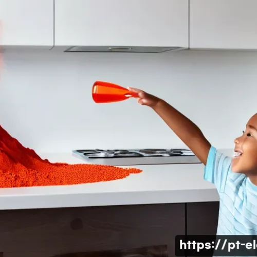 Home 33 과학 실험 및 탐구활동 - **A joyful child observing a vibrant science experiment.** A boy, approximately 9 years old, with wi...