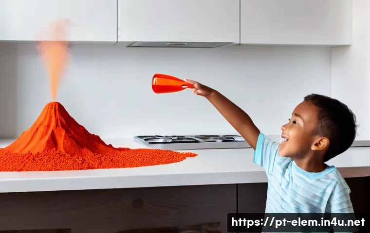 과학 실험 및 탐구활동 - **A joyful child observing a vibrant science experiment.** A boy, approximately 9 years old, with wi...