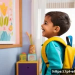Home 20 초등학교 생활 적응 - A joyful 6-year-old Brazilian child, dressed in colorful, comfortable clothes, excitedly points to a...