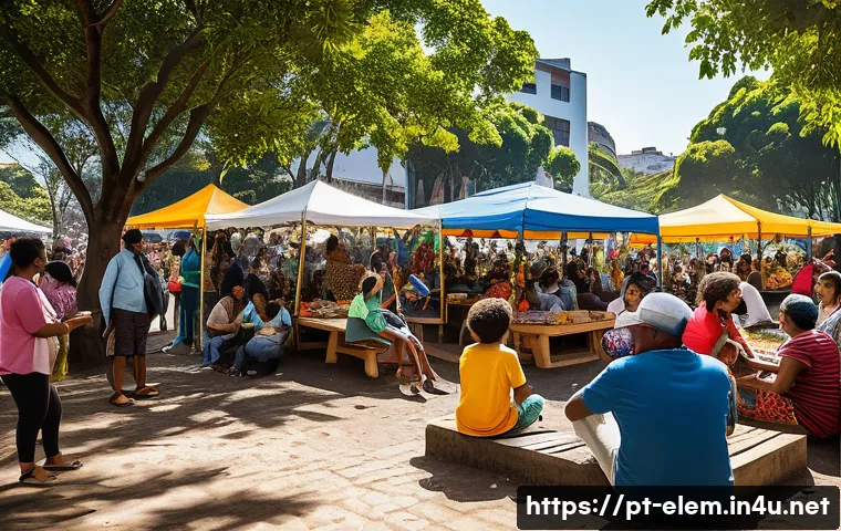 사회 과목 핵심 개념 - A vibrant community gathering in a Brazilian urban neighborhood park during a sunny afternoon, featu...