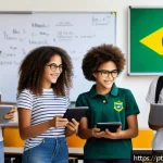 Home 18 디지털 리터러시 교육 - A modern Brazilian classroom scene showing a diverse group of teenage students engaged with digital ...