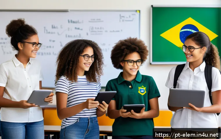 디지털 리터러시 교육 - A modern Brazilian classroom scene showing a diverse group of teenage students engaged with digital ...