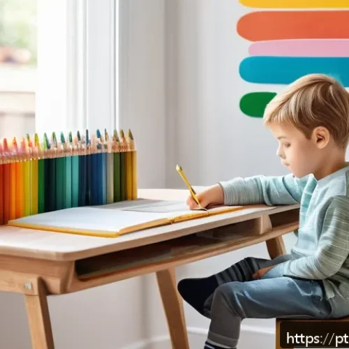 Home 17 초등학교 입학 준비 - A cozy and bright home study corner designed for a young child starting school, featuring a small wo...