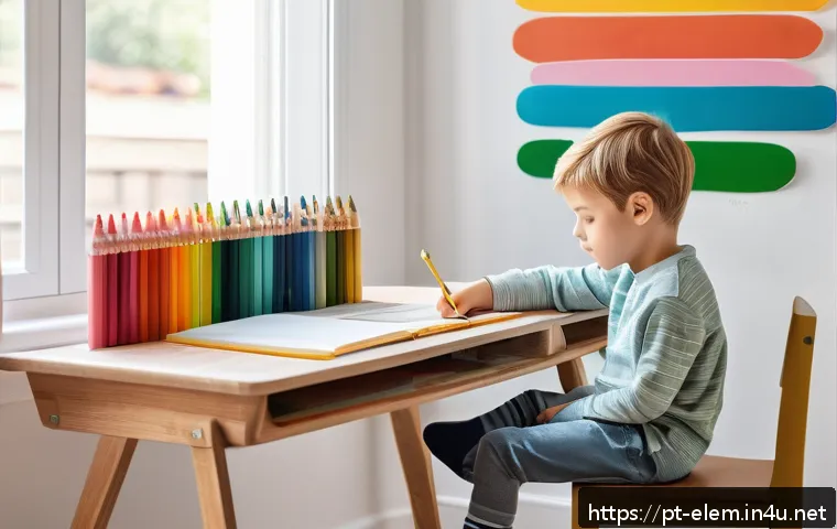 초등학교 입학 준비 - A cozy and bright home study corner designed for a young child starting school, featuring a small wo...
